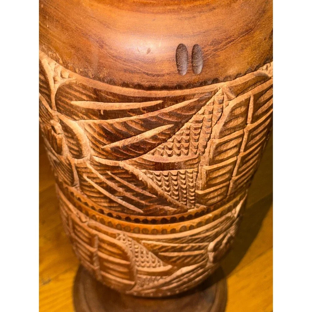 Hand Carved Wooden African Tribal Vase Urn 20” Tall Folk Art Floral Geometric